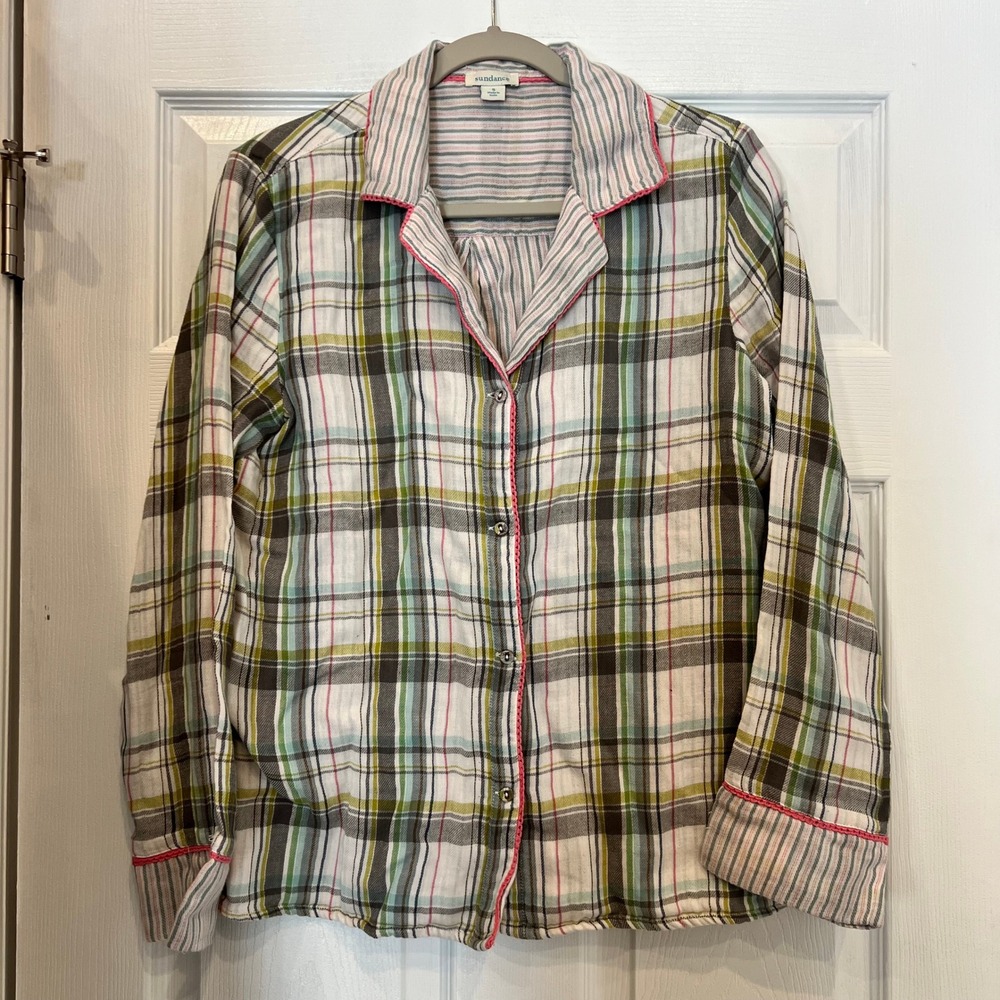 Sundance Button Down Cotton Plaid Pink Crochet Trim Boho Cottagecore Artisan S